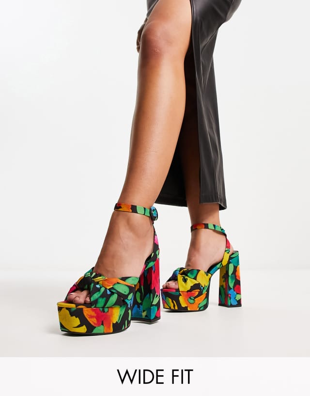 ASOS DESIGN Wide Fit Natia knotted platform heeled sandals in multi