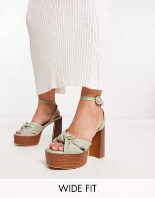  Wide Fit Natia knotted platform heeled sandals in sage green