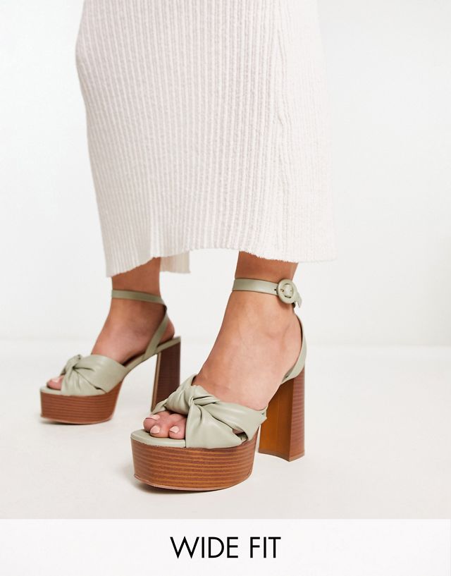 ASOS DESIGN Wide Fit Natia knotted platform heeled sandals in sage green