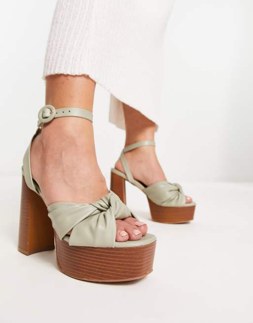 ASOS DESIGN Wide Fit Natia knotted platform heeled sandals in sage green