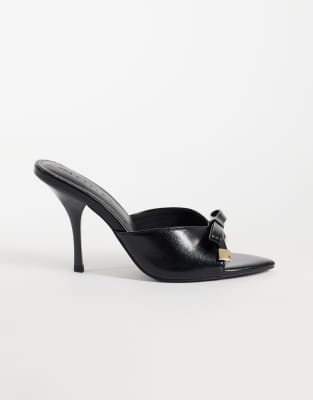 Asos Design Wide Fit Nelly Bow Detail High Heeled Mules In Black