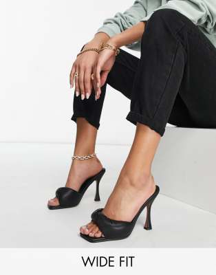 ASOS DESIGN Wide Fit Niki padded twist high heeled mules in black