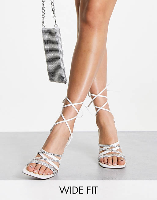 ASOS DESIGN Wide Fit Nina embellished strappy tie leg heeled sandals white | ASOS