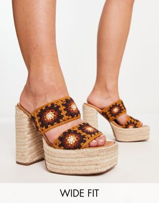 ASOS DESIGN Wide Fit Nirvana crochet platform heeled mules in brown