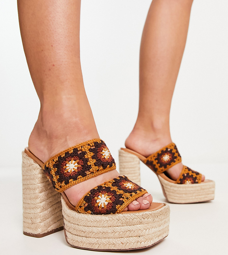 ASOS DESIGN Wide Fit Nirvana crochet platform heeled mules in brown