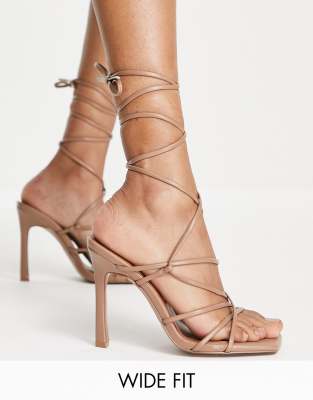 Asos Design Wide Fit Nobu Strappy Tie Leg Heeled Sandals In Beige-neutral