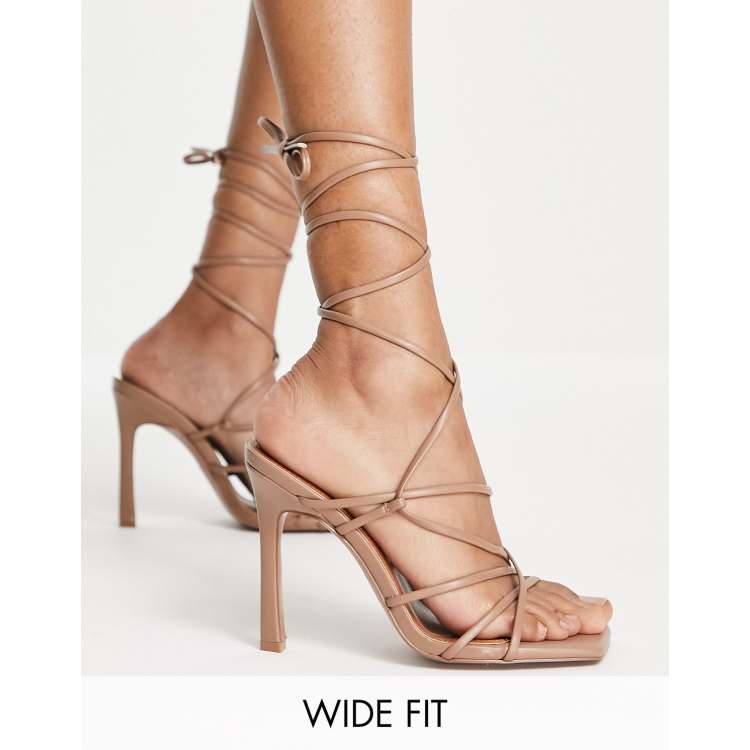 ASOS DESIGN Wide Fit Nobu strappy tie leg heeled sandals in beige