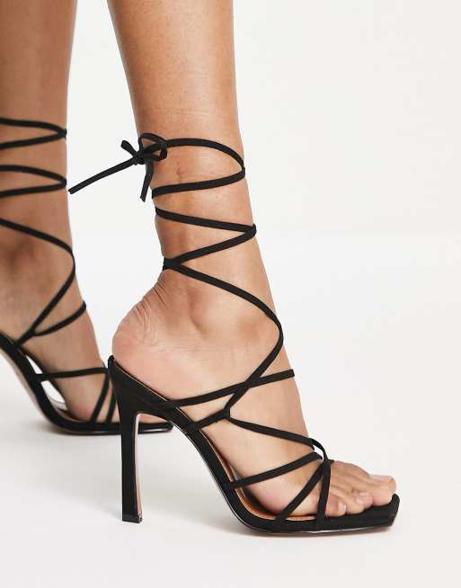 ASOS DESIGN Wide Fit Nobu strappy tie leg heeled sandals in black