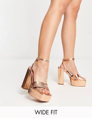 Asos Design Wide Fit Nocturnal Platform High Heeled Sandals In Rose Gold