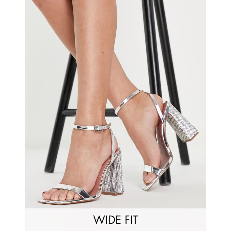 Silver Wide Fit Spiral Mid Block Heel Sandals