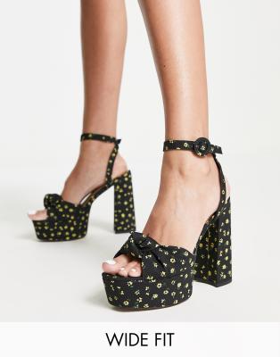 ASOS DESIGN Wide Fit Note knotted platform heeled sandals in black floral