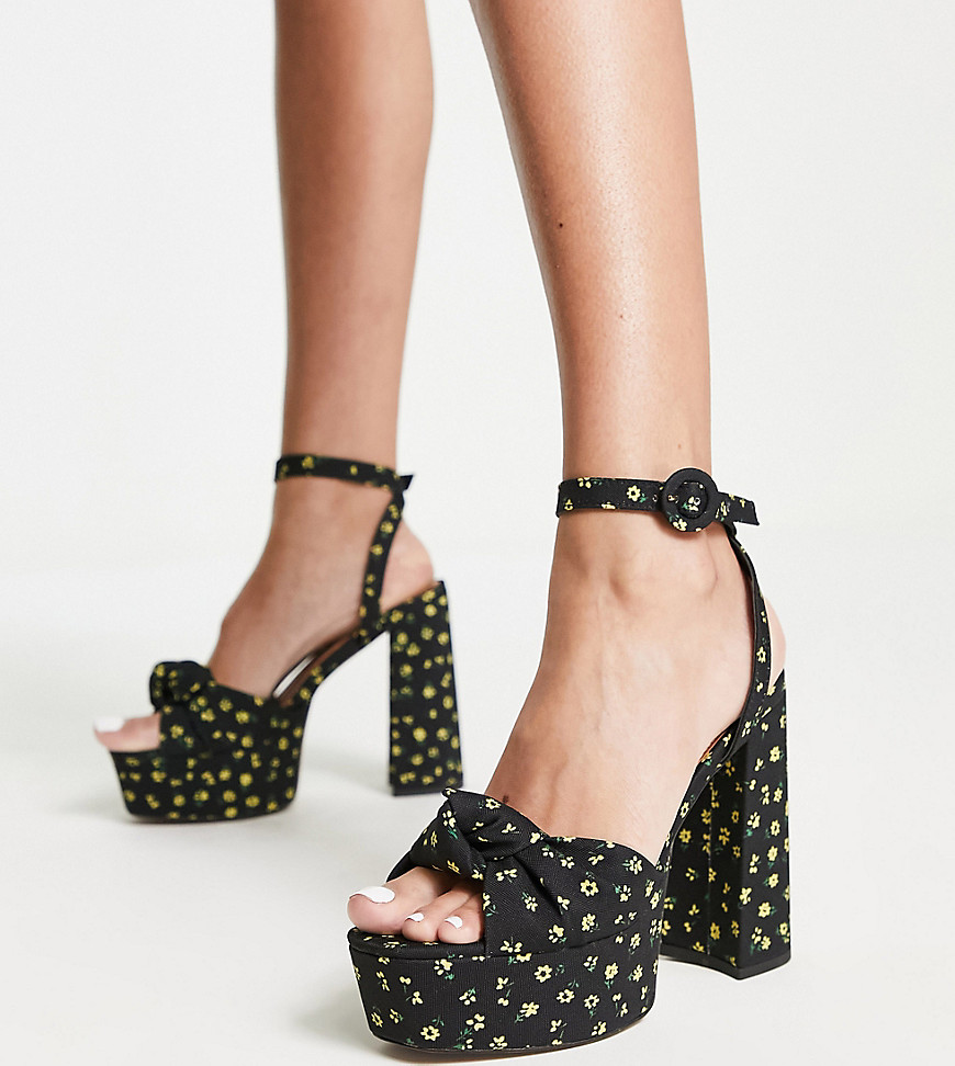 Asos Design Wide Fit Note Knotted Platform Heeled Sandals In Black Floral-multi