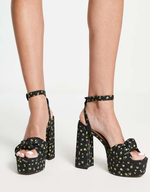 ASOS DESIGN Wide Fit Note knotted platform heeled sandals in black floral