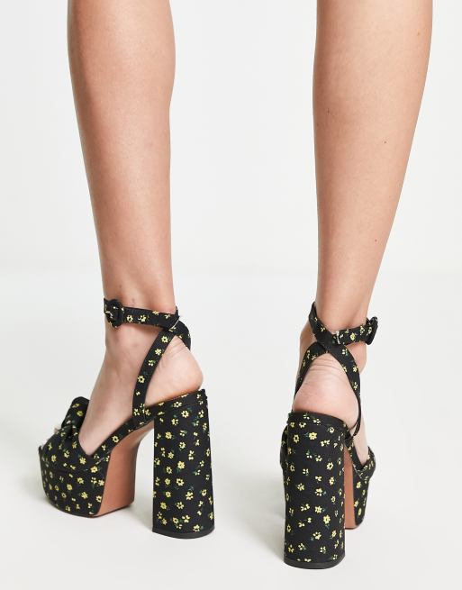 ASOS DESIGN Wide Fit Note knotted platform heeled sandals in black floral