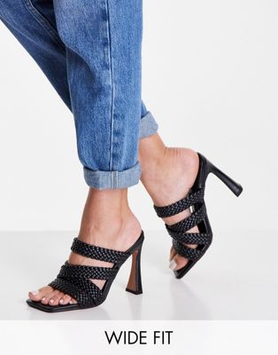 ASOS DESIGN Wide Fit Nuclear woven strappy high heeled mules in black  - ASOS Price Checker