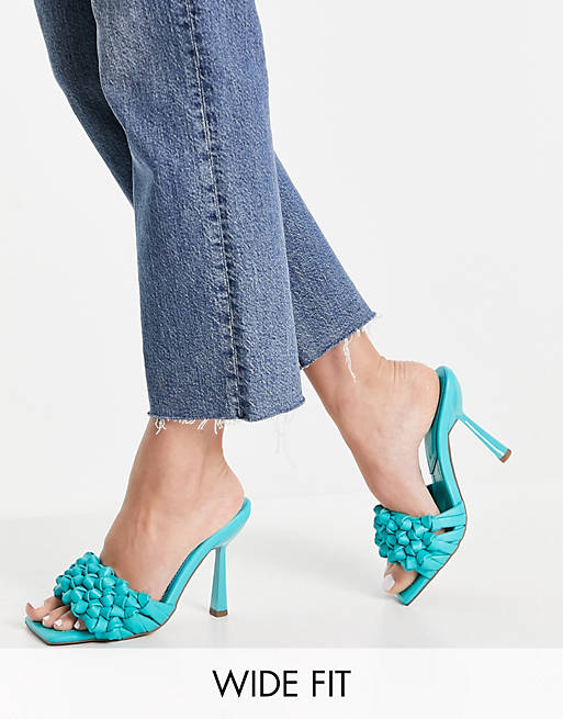 ASOS DESIGN Wide Fit Nuno knotted high heeled mules in blue
