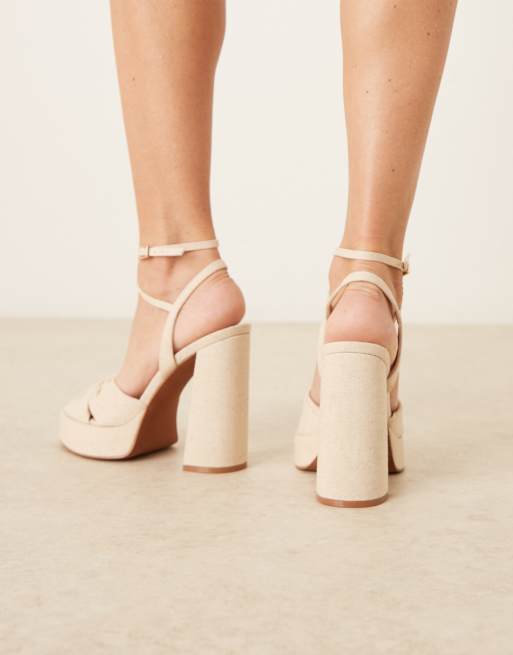 ASOS DESIGN Wide Fit Nutcracker knot detail platform block heel sandals in natural linen, 3 of 4
