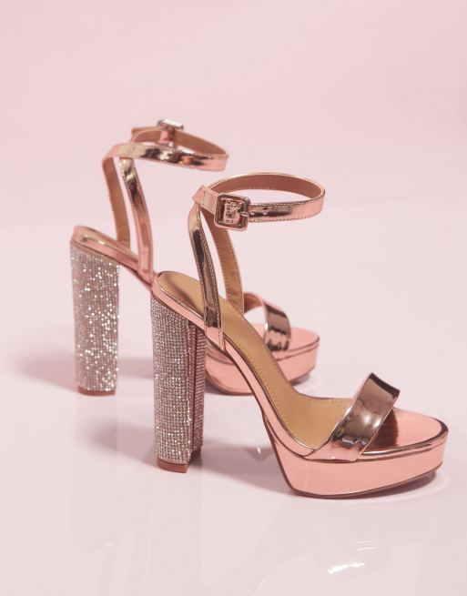 ASOS DESIGN Wide Fit Nutshell embellished platform barely there heeled sandals in rose gold, 2 of 4
