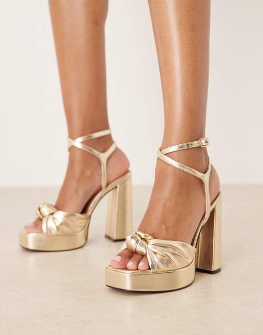 ASOS DESIGN Wide Fit Nutshell knotted platform block heel sandals in gold