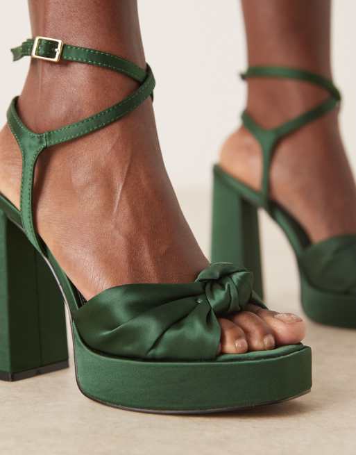 ASOS DESIGN Wide Fit Nutshell knotted platform block heeled sandals in dark green satin