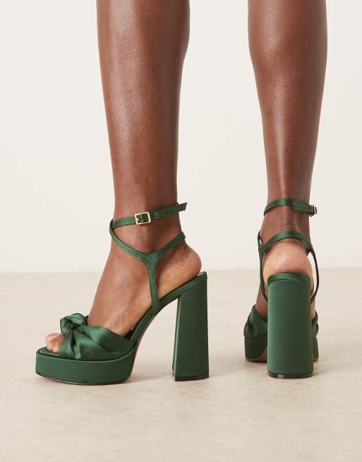 ASOS DESIGN Wide Fit Nutshell knotted platform block heeled sandals in dark green satin