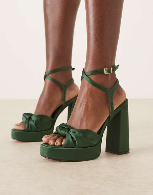 ASOS DESIGN Wide Fit Nutshell knotted platform block heeled sandals in dark green satin