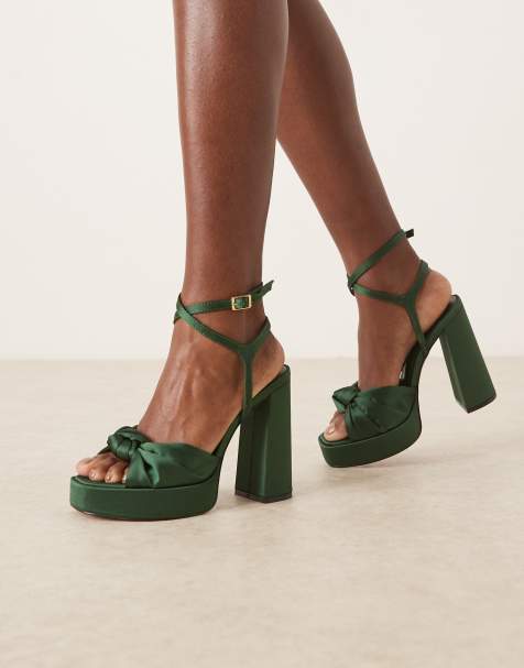 ASOS DESIGN Wide Fit – Nutshell – Mörkgröna klacksandaler med platåsula, knutar och blockklackar i satin - view 1