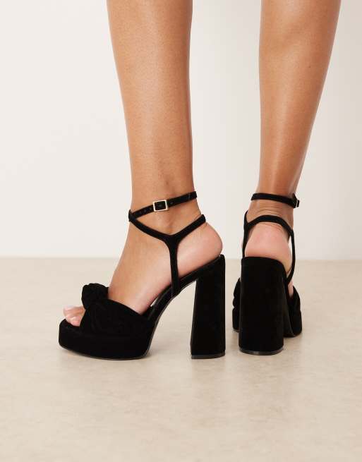 ASOS DESIGN Wide Fit - Nutshell - Sandali a pianta larga con tacco largo e plateau in velluto nero con nodo, 4 di 4