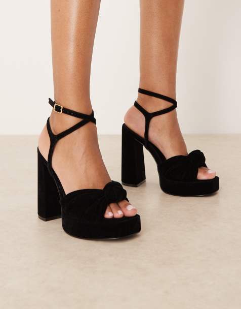 ASOS DESIGN Wide Fit - Nutshell - Sorte sandaler i velour med knudedetalje og plateau-blokhæl - view 1