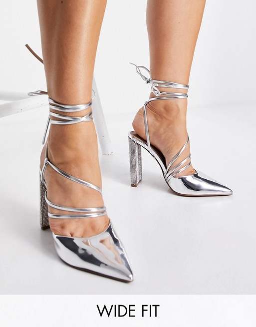 ASOS DESIGN Wide Fit Paisley strappy tie leg high heeled shoes in silver