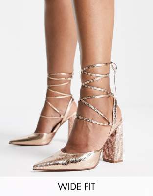 Asos Design Wide Fit Panda Embellished Tie Leg Block Heeled Shoes In Rose Gold