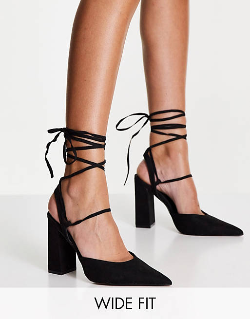 ASOS DESIGN Wide Fit Panda tie leg block heeled shoes in black | ASOS