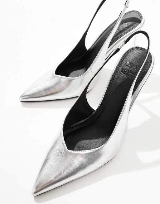 ASOS DESIGN Wide Fit Panther pointed slingback high heeled court shoes in silver ASOS