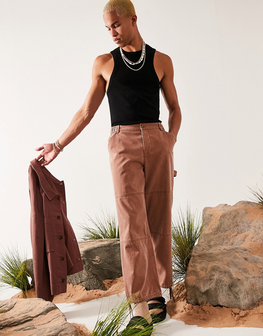 ASOS DESIGN wide fit pants with carpenter pockets in brown texture