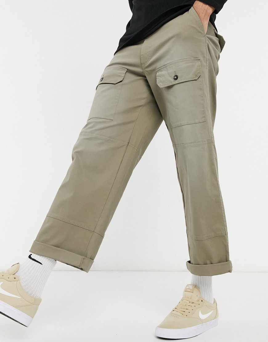 ASOS DESIGN wide fit pants with heavy wash and cargo pockets-Green