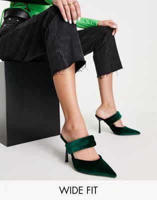 ASOS DESIGN Wide Fit Paxton padded heeled mules in forest green