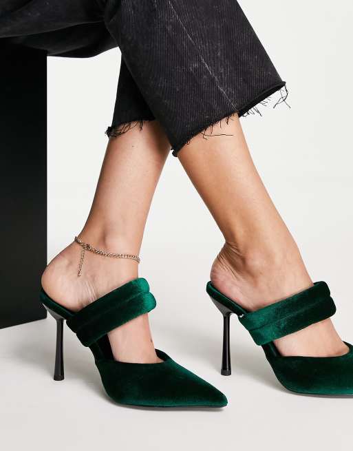 ASOS DESIGN Wide Fit Paxton padded heeled mules in forest green, 3 of 4