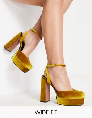 Asos Design Wide Fit Peaked Platform High Heeled Shoes In Mustard Velvet-yellow