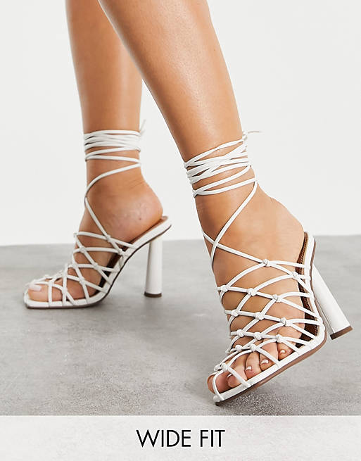 ASOS DESIGN Wide Fit Pearl caged tie leg high shoes in white