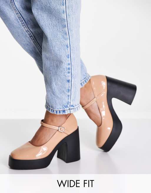 ASOS DESIGN Wide Fit - Penny - Beige Mary Jane-sko med plateauhæl