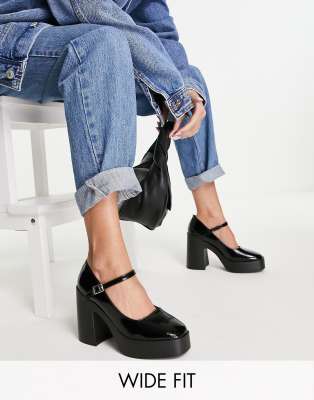 ASOS DESIGN Wide Fit Penny platform mary jane heeled shoes in black