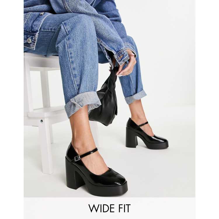 ASOS Design Wide Fit Penny Platform Mary Jane Heeled Shoes