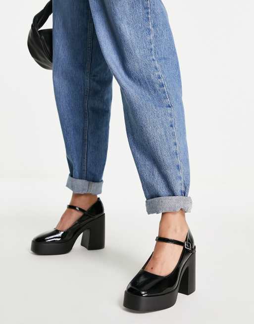 ASOS DESIGN Wide Fit Penny platform mary jane heeled shoes in black