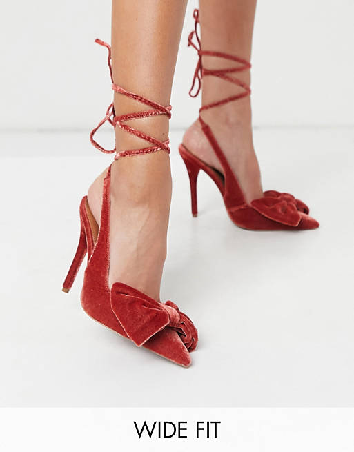 ASOS DESIGN Wide Fit Peony tie leg bow high heeled shoes in rust