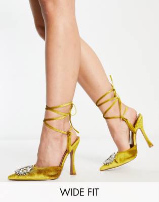 ASOS DESIGN Wide Fit Percy embellished tie leg high heeled shoes in ochre-Yellow