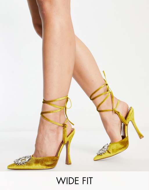 ASOS DESIGN Wide Fit Percy embellished tie leg high heeled shoes in ochre