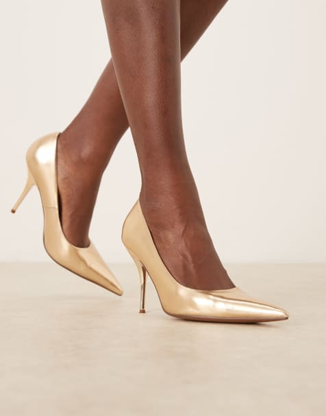ASOS DESIGN Wide Fit Perth pointed stiletto high heel court shoes in gold - view 1
