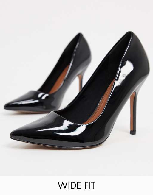 Wide fit black on sale patent court shoes