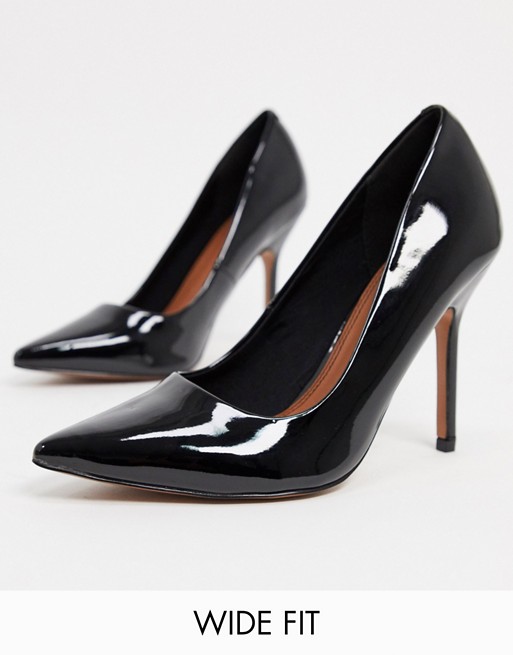ASOS DESIGN Wide Fit Phoenix pointed high heeled court shoes in black patent