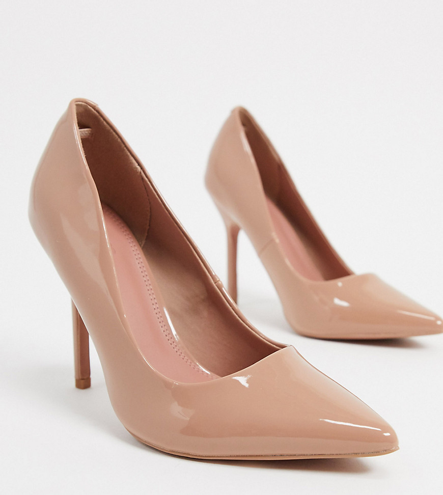 ASOS DESIGN Wide Fit Phoenix pointed high heeled pumps in beige patent-Neutral